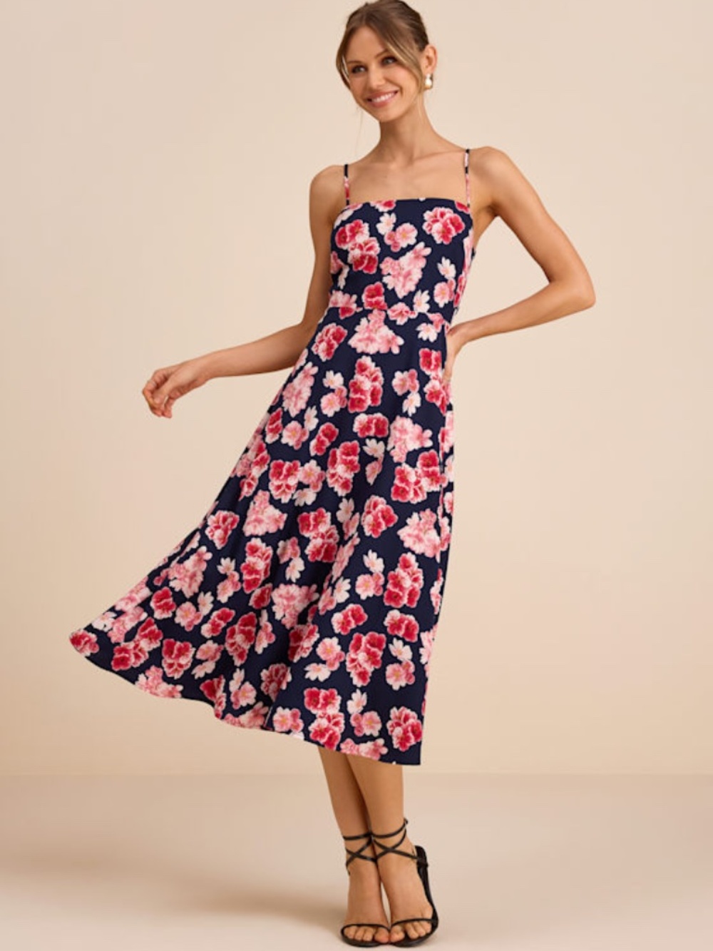 Lulus Radiant Feelings Navy And Pink Floral Chiffon Midi Dress Blue - Size L